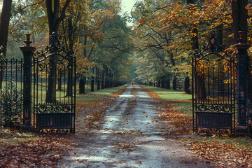 Poster - Elegant landscape design featuring a tree-lined avenue and a grand entrance gate,
