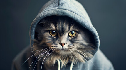 Wall Mural - Fluffy fat cat dressed in a comfortable sports hoodie 