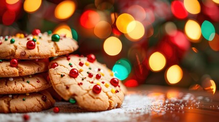 Wall Mural - Cookies with decorations displayed on a white surface in front of a background of blurry Christmas lights