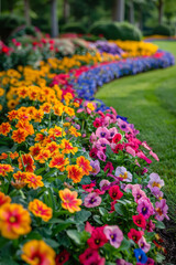 Poster - Elegant landscape design with a blend of colorful flower beds and neatly trimmed hedges,