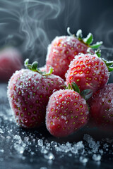 Poster - Macro shot of frozen strawberries with visible frosty steam, in a minimalist style,