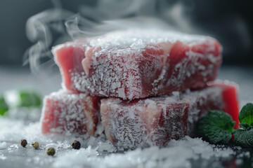 Wall Mural - Minimalist design of frozen meat with visible cold vapor,