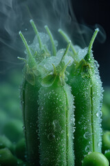 Wall Mural - Macro shot of frozen peas emitting frosty steam, in a minimalist style,