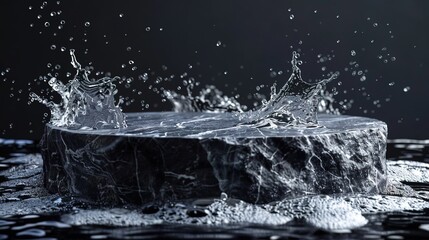 Black stone podium with water splash. Mock up for product, cosmetic presentation. Pedestal, platform for beauty products. Empty scene