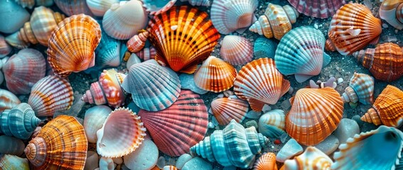 Wall Mural - An illustration of colorful seashells on the beach - generated with