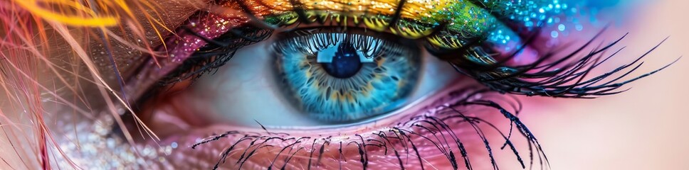 An image of a person with a colorful makeup on their eye. A creative application of stock.