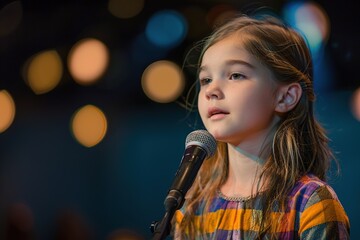 Wall Mural - Young kid girl participating in a national spelling bee competition. She stands confidently at the microphone on stage, spelling challenging words with precision in front of the audience