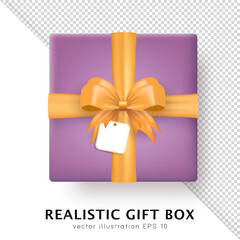 Wall Mural - Template of 3d realistic purple gift box with yellow silk bow and hanging tag with space for greeting text. Three dimensional present wrap package with crossed ribbon and white empty label. Top view