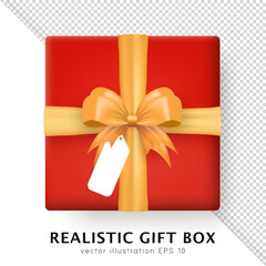 Wall Mural - Template of 3d realistic red gift box with yellow silk bow and hanging tag with space for greeting text. Three dimensional present wrap package with crossed ribbon and white empty label. Top view
