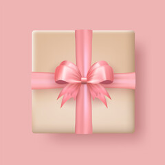 Wall Mural - 3d realistic gift box wrapped in craft paper and tied with pink silk bow top view. Three dimensional cute present package with crossed ribbon isolated on transparent background view from above