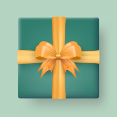 Wall Mural - Template of 3d realistic green gift box with golden silk bow top view isolated on transparent background. Three dimensional present wrap package with crossed ribbon and white empty label