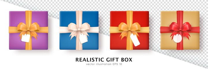 Wall Mural - Set of 3d realistic colorful gift boxes with silk bows and hanging tags with space for greeting text. Three dimensional present wrap packages with crossed ribbons and white empty labels. Top view