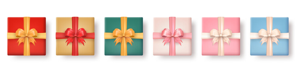 Wall Mural - Set of 3d realistic colorful gift boxes with silk bows top view isolated on transparent background. Three dimensional present wrap packages with crossed ribbons. View from above