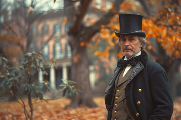 Aesthetic shot of a Regency-era gentleman in a top hat and cravat, strolling through a park,