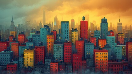 Wall Mural - A colorful, illustrated cityscape blending traditional and digital art styles. 