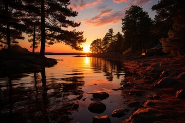 Wall Mural - Golden sunset reflecting on serene lake., generative IA