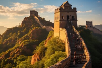 Wall Mural - Explorers admire China's Great Wall., generative IA