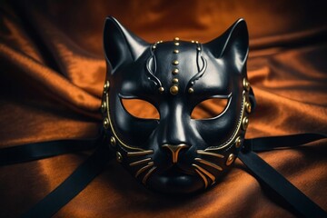 Black And Gold Cat Mask On Fabric
