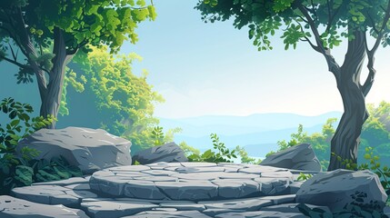 Flat small stone podium on rock platform illustration, gray rock pedestal for product display, green forest and blue horizon on the background