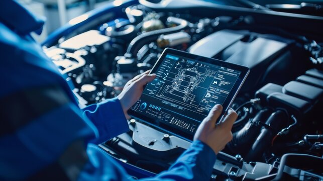 Specialist inspecting the engine bay of a vehicle using a tablet computer and a futuristic interactive diagnostics software.