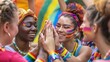 © Luminous Hub  - Diverse group wearing rainbow colors, high-fiving in a workshop with vibrant pride colored walls, symbolizing unity, strength, and community spirit.