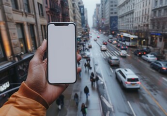 Wall Mural - Close-up of a smartphone with a blank white screen held in hand, with a busy city street in the background