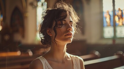 Canvas Print - Young woman praying in catholic church with closed eyes