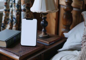 Wall Mural - A blank white screen smartphone on a bedside table next to a lamp and a book