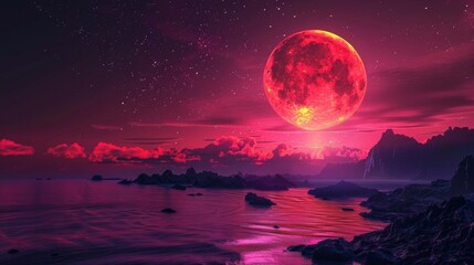 Wall Mural - the sky is painted with shades of red orange and deep purple as the red moon dominates the nighttime