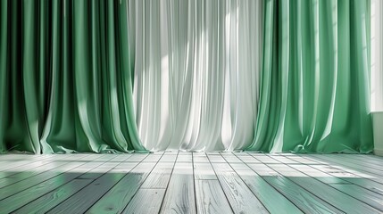 Wall Mural - luxury green curtain backdrop with wooden floor and wall background, white and lighten color