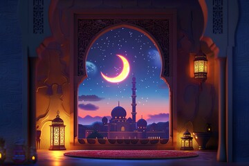 Wall Mural - mosque window with lantern and crescent moon for eid mubarrak or ramadan kareem celebration, beautiful night scene background design template