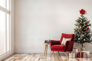 Wall Mural - Christmas decor with red armchair and small christmas tree. Modern farmhouse empty living room. Wall scene mockup. Promotion background.