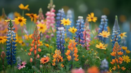 wildflower patch with a diverse array of colorful blooms, natural and untamed