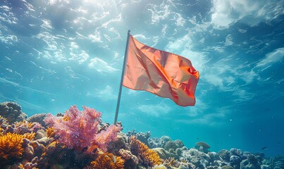 Design a flag featuring a colorful reef, realistic photo