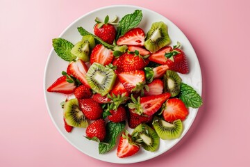 Wall Mural - A Delectable Summer Salad of Strawberries and Kiwi on a White Plate
