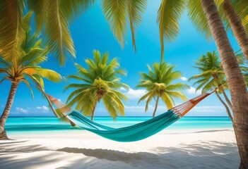 tropical beach hammock two palm trees, relaxation, vacation, leisure, serene, paradise, coastal, sea, sand, idyllic, summer, travel, nature, outdoor, tranquil