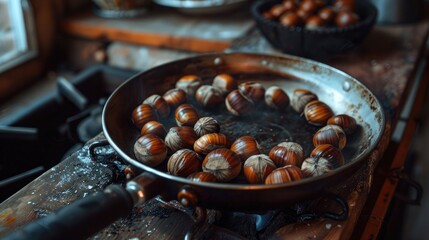 Canvas Print - Closeup of sweet chestnuts being roasted in a frying pan on a wooden table