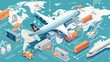 © Mina Nida - Visual representation of air cargo logistics in the export sector, including icons for planes, shipping routes, and data points on efficiency and volume  Generative ai