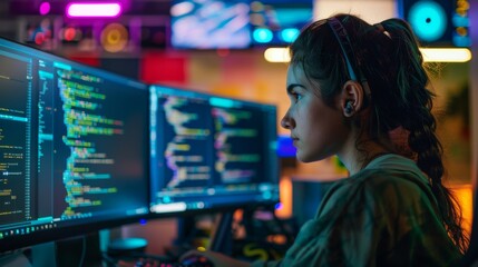A female software engineer creating code on a desktop computer with multiple screens in a co-working office space. She is working on an innovative SaaS platform for a startup.