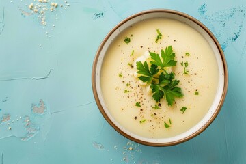 Wall Mural - Creamy Potato Soup With Parsley and Pepper Garnish on a Light Blue Background