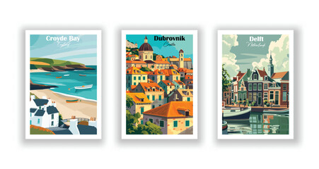 Croyde Bay, England, Delft, Netherlands, Dubrovnik, Croatia - Vintage travel poster. Vector illustration. Poster Travel for Hikers Campers Living Room Decor