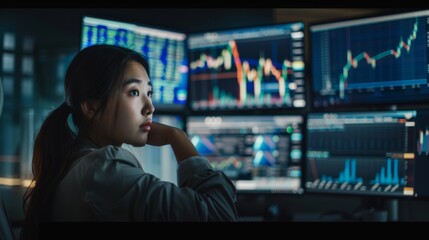 Wall Mural - Finance Analyst Working on Multi-Monitor Workstation using Real-Time Charts of Stocks, Commodities and Exchange Markets. Businesswoman Work in Investment Brokerage.