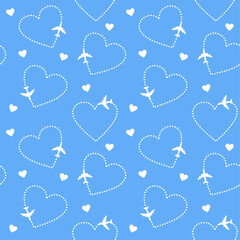 cute pattern with white planes and hearts on a blue travel background