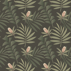 Wall Mural - Exotic floral seamless pattern design. Elegant summer tropical background. Repeating vector print of african flora. Green leaves and flowers on dark.