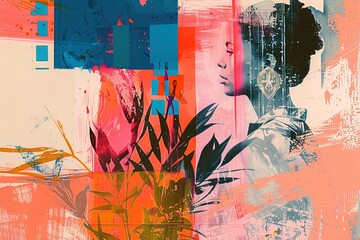 Canvas Print - Aesthetic collage background with riso print effect. Grainy color fades, large shapes, exaggerated figures and layering of different subjects in risograph style