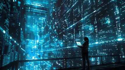 An experienced female data center IT specialist utilizing a tablet computer to generate augmented VFX visualizations for a server farm cloud computing facility. A cyber data security system engineer