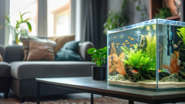 A modern living room with a fish tank on a coffee table. The tank is filled with water and plants, and there are several fish swimming around.