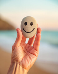 Close-up of a hand with smiling stone on beach in the background. Concept of happy life and positive thinking