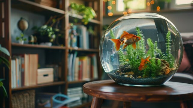 A round fish bowl with two goldfish swimming inside, sitting on a wooden table with a bookshelf in the background.