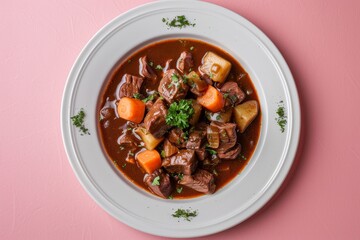 Wall Mural - A Hearty Bowl of Beef Stew With Carrots and Potatoes on a Pink Background